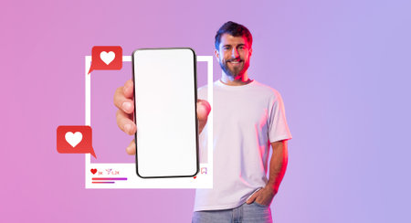 Engaging influencer showcasing smartphone with social media application