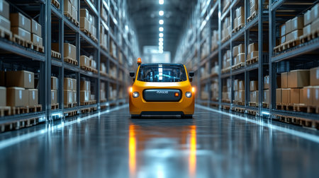 Warehouse Vehicle Transporting Goods Through Logistics Center With Organized Shelving and Packed Inventory Generative AIの素材