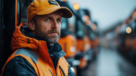 Logistics Professional Overseeing Fleet in a Distribution Center During Overcast Conditions Generative AIの素材