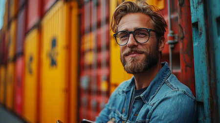 Young Man Enjoying a Moment of Relaxation in a Vibrant Logistics and Distribution Warehouse Environment Filled With Colorful Shipping Containers Generative AIの素材