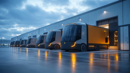 Modern Electric Delivery Trucks Lined up at a Logistics Warehouse During Twilight for Cargo Loading and Distribution Operations Generative AIの素材