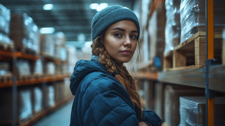 Worker in a Warehouse Organizes Inventory Amidst Stacks of Cargo and Goods During a Busy Day of Logistics Operations Generative AIの素材