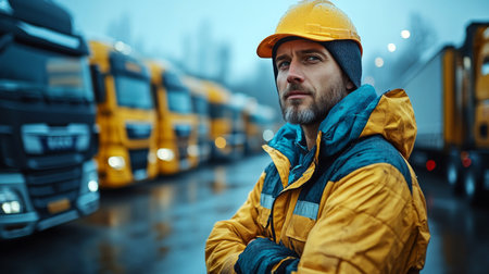 Skilled Logistics Worker Assessing Cargo Transport in a Rainy Warehouse Area With Trucks Generative AIの素材