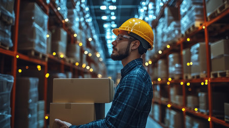 Worker Handles Boxes in a Bustling Warehouse Environment During Evening Hours to Optimize Inventory Management and Efficient Distribution Generative AIの素材