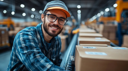 Worker at a Logistics Warehouse Handles Packages Along the Conveyor Belt During a Busy Fulfillment Operation Generative AIの素材