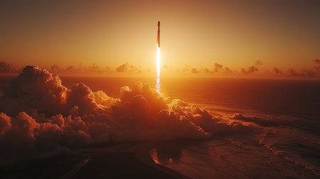Launch of a Rocket During Sunset Over the Ocean Showcasing the Propulsion and Retropropulsion Technology for Spaceflight Missions Generative AIの素材