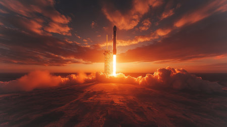 Experience the Breathtaking Launch of a Space Rocket at Dusk, Featuring Dramatic Clouds and Stunning Lighting Effects, All Brought to Life Through Generative AI Technologyの素材