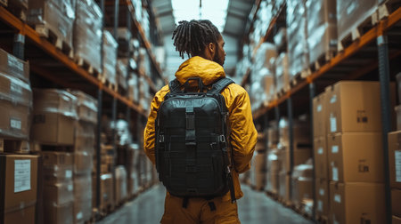 Individual in a Yellow Jacket Navigates a Busy Warehouse Filled With Stacked Boxes and Pallets During Daylight Hours Generative AIの素材