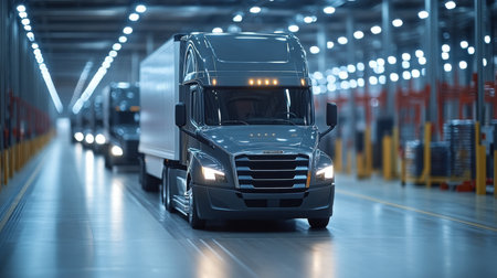 Trucking Vehicles Operate Within a Large Distribution Warehouse During Peak Hours of the Logistics Process Aimed at Efficient Inventory Management Generative AIの素材