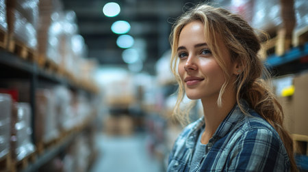 Employee in a Warehouse Supervises Inventory Management at a Logistics Distribution Center During Daylight Hours Generative AIの素材