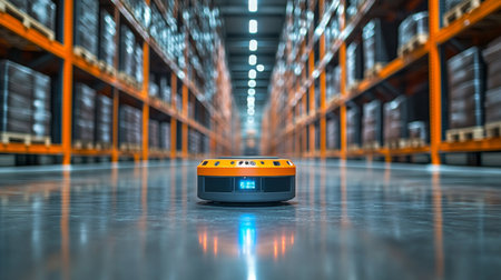 Advanced Automated Robot Operates in a Spacious Warehouse for Logistics and Inventory Management Tasks During Daytime Hours Generative AIの素材