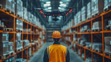Drone Operation Enhances Inventory Management in a Warehouse During Daytime Logistics Activities Generative AIの素材