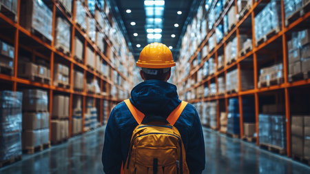 Warehouse Worker Examines Inventory in a Logistics Facility During Daylight Hours With Organized Stock and Cargo in View Generative AIの素材