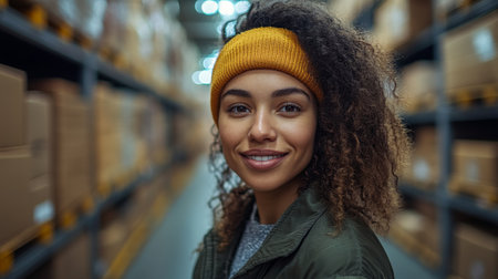 A Logistics Professional is Smiling Happily While Navigating a Bustling Warehouse, Enjoying an Incredibly Productive Day in the World of Generative AIの素材