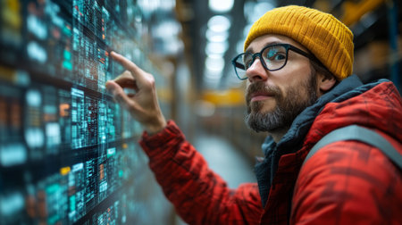 Warehouse Worker Analyzing Inventory Data to Optimize Logistics and Distribution Efficiency in a Modern Fulfillment Center Generative AIの素材