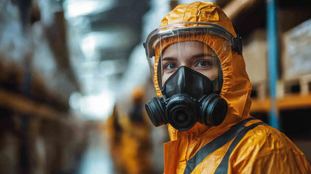 Worker in Protective Gear Assesses Inventory in Well Organized Warehouse During Distribution Operations at Logistics Facility Generative AIの素材