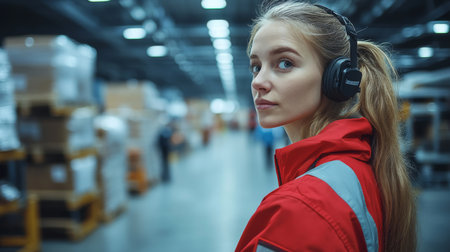 Warehouse Worker Monitors Inventory in a Busy Logistics Facility While Wearing Headphones and Red Work Attire Generative AIの素材
