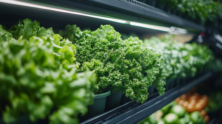 Fresh Green Lettuce and Kale Displayed in a Refrigerated Warehouse for Optimal Inventory Management of Perishable Goods Generative AIの素材