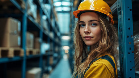 Employee in Logistics Warehouse Wearing Safety Gear While Managing Inventory and Promoting Sustainability Practices Generative AIの素材