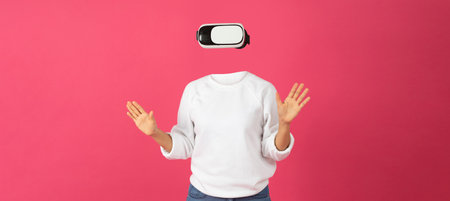 User interacts with VR goggles in a lively setting