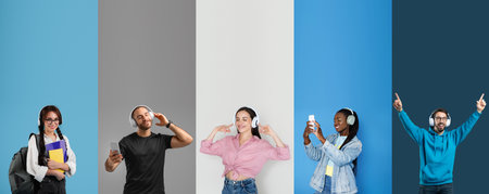 Young people enjoying music with headphones in a vibrant collage settingの写真素材
