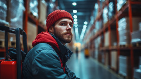 Worker Seated in a Spacious Warehouse Aisle Surrounded by Shelves Filled With Inventory During an Active Distribution Shift Generative AIの素材