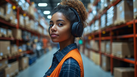 Warehouse Worker in Protective Gear Listening to Music While Organizing Inventory in a Large Logistics Facility Generative AIの素材