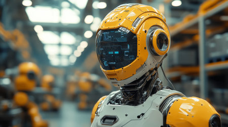 Robot Working in a Modern Logistics Warehouse While Managing Inventory and Sorting Packages Efficiently During the Day Shift Generative AIの素材