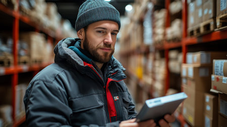 An Employee is Efficiently Managing Inventory Within a Warehouse, Navigating the Hustle and Bustle of Busy Logistics Operations Supported by Generative AI Technologyの素材