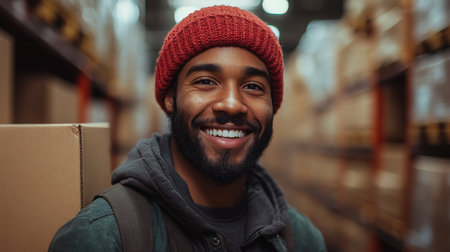 Warehouse Worker Smiling While Surrounded by Stacked Boxes During a Busy Inventory Day at a Logistics Center Generative AIの素材