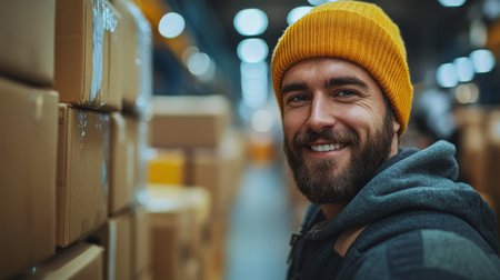 Worker Smiles While Sorting Packages in a Busy Logistics Warehouse During the Day Shift Generative AIの素材