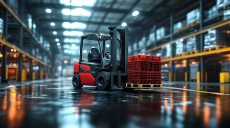 Efficient Logistics Operations in a Modern Warehouse Utilizing Forklifts for Inventory Management and Pallet Movement Generative AIの素材