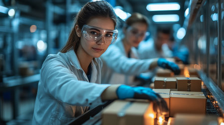 Efficient Workers Sorting Packages in a Modern Logistics Warehouse During Peak Hours of Operation Generative AIの素材