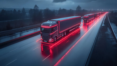 Trucks Equipped With Bright Lights Traveling Along a Wet Highway During Dusk in a Busy Logistics and Distribution Area Generative AIの素材