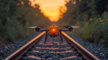 Drone Monitoring Railway Infrastructure at Sunset for Enhanced Logistics and Security Operations Generative AIの素材
