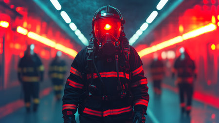 Firefighters in Full Gear Maneuver Through a High Tech Facility Emphasizing Safety and Surveillance Measures Generative AIの素材