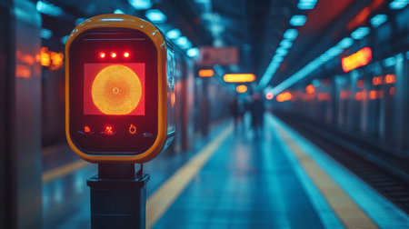 Traffic Light at Subway Station Signaling Approach of Train During Early Evening Hours Generative AIの素材