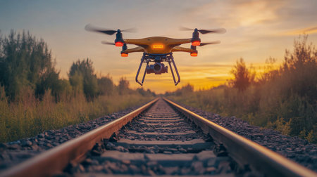 Utilizing Cutting Edge Generative AI Technology, Drones Are Now Monitoring Railway Infrastructure at Sunset, Enhancing Logistics and Security Measuresの素材