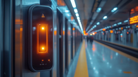 Light Signals Indicate the Status of the Train Platform While Individuals Prepare for Transportation in a Busy Urban Subway Station Generative AIの素材