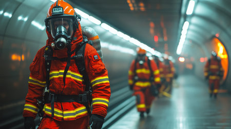 Firefighters Conduct a Safety Inspection in a Subway Tunnel With Automated Surveillance Systems During Emergency Response Training Generative AIの素材