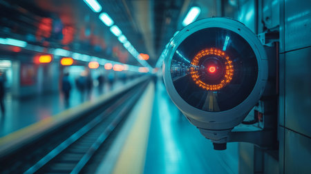 Surveillance Camera Monitors Busy Subway Station for Safety and Security During Peak Commuting Hours Generative AIの素材