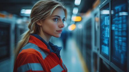 Logistics Professionals Monitoring Automated Systems in a Transportation Hub During Evening Hours Generative AIの素材