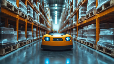 Robotic Vehicle Navigating Through a Modern Warehouse Filled With Inventory and Storage Racks Generative AIの素材