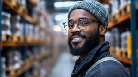 Smiling Logistics Staff Member in a Busy Warehouse Environment Overseeing Inventory Management and Distribution Operations Generative AIの素材