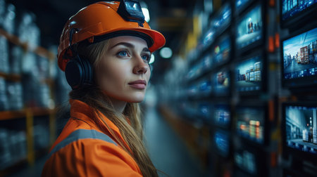 Warehouse Logistics Professional Monitoring Inventory and Distribution Processes in a Modern Facility During Evening Hours With Advanced Technology Generative AIの素材