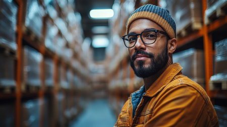 Portrait of a Worker in a Distribution Warehouse During Inventory Management in the Early Evening Light Generative AIの素材