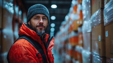 Warehouse Worker in a Logistics Hub Prepares for Inventory Sorting and Fulfillment Tasks During Evening Hours Generative AIの素材