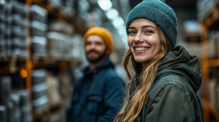 Smiling Warehouse Workers Engaged in Logistics and Inventory Management at a Distribution Center During Daylight Hours Generative AIの素材