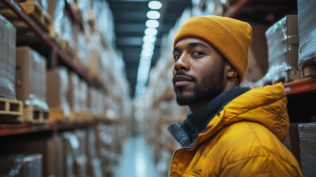 Worker Standing Confidently in a Large Warehouse Surrounded by Organized Inventory and Shelves Filled With Cargo Generative AIの素材