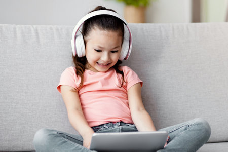 Little Korean Girl Using Tablet Computer Wearing Earphones Sitting Indoorsの写真素材